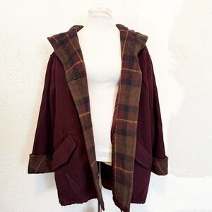 Vintage plaid lined wool blend oversized Burgundy coat with hood size Large